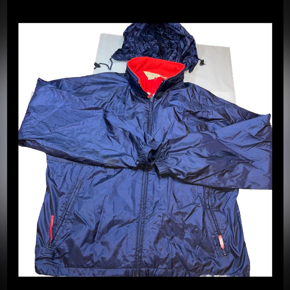LL Bean 90s BLUE NYLON zip Windbreaker rain coat Zip pockets Hood vented mens Lg